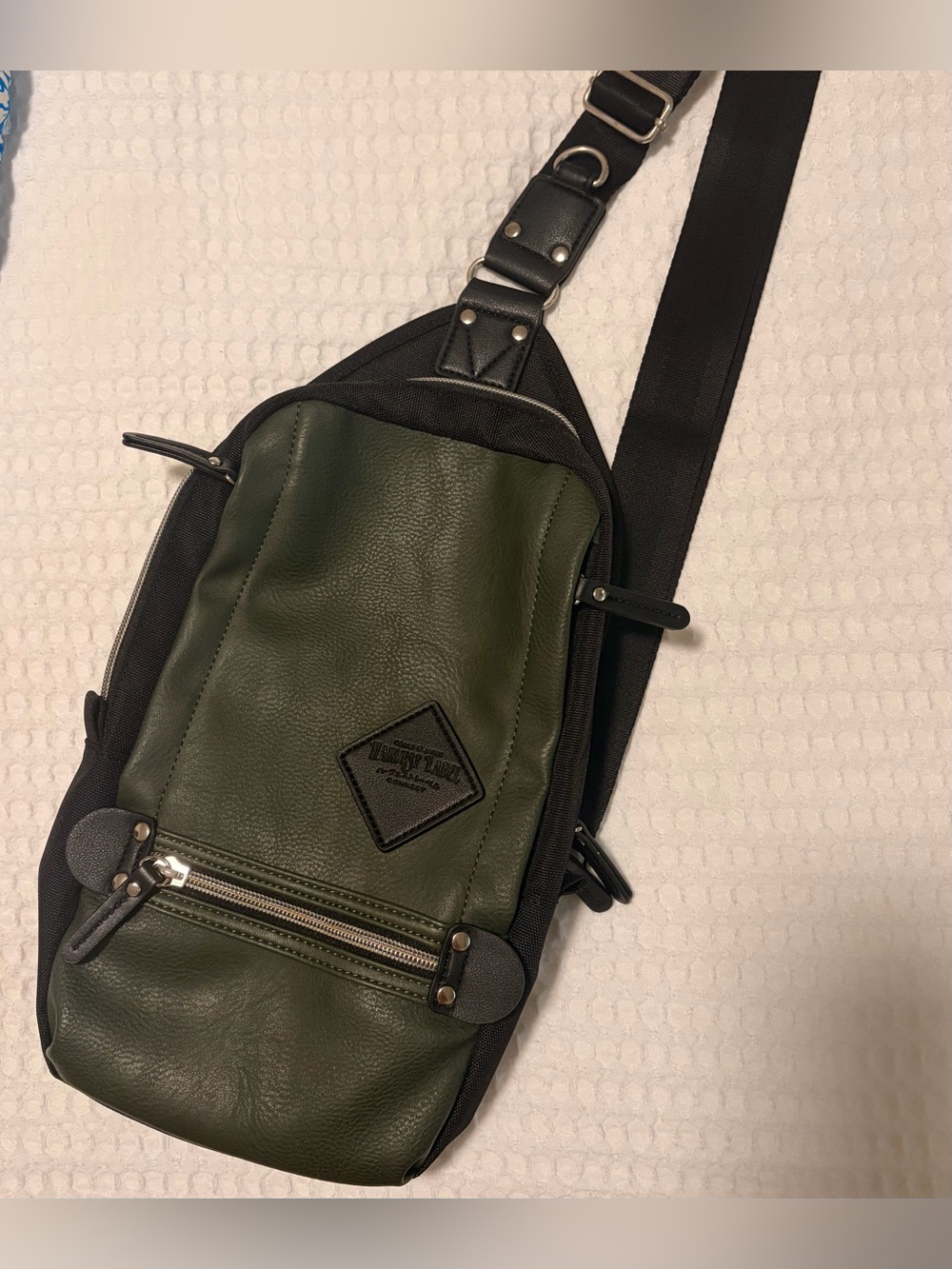 Harvest Label Olive Green Vegan Leather Sling Bag with Black Strap